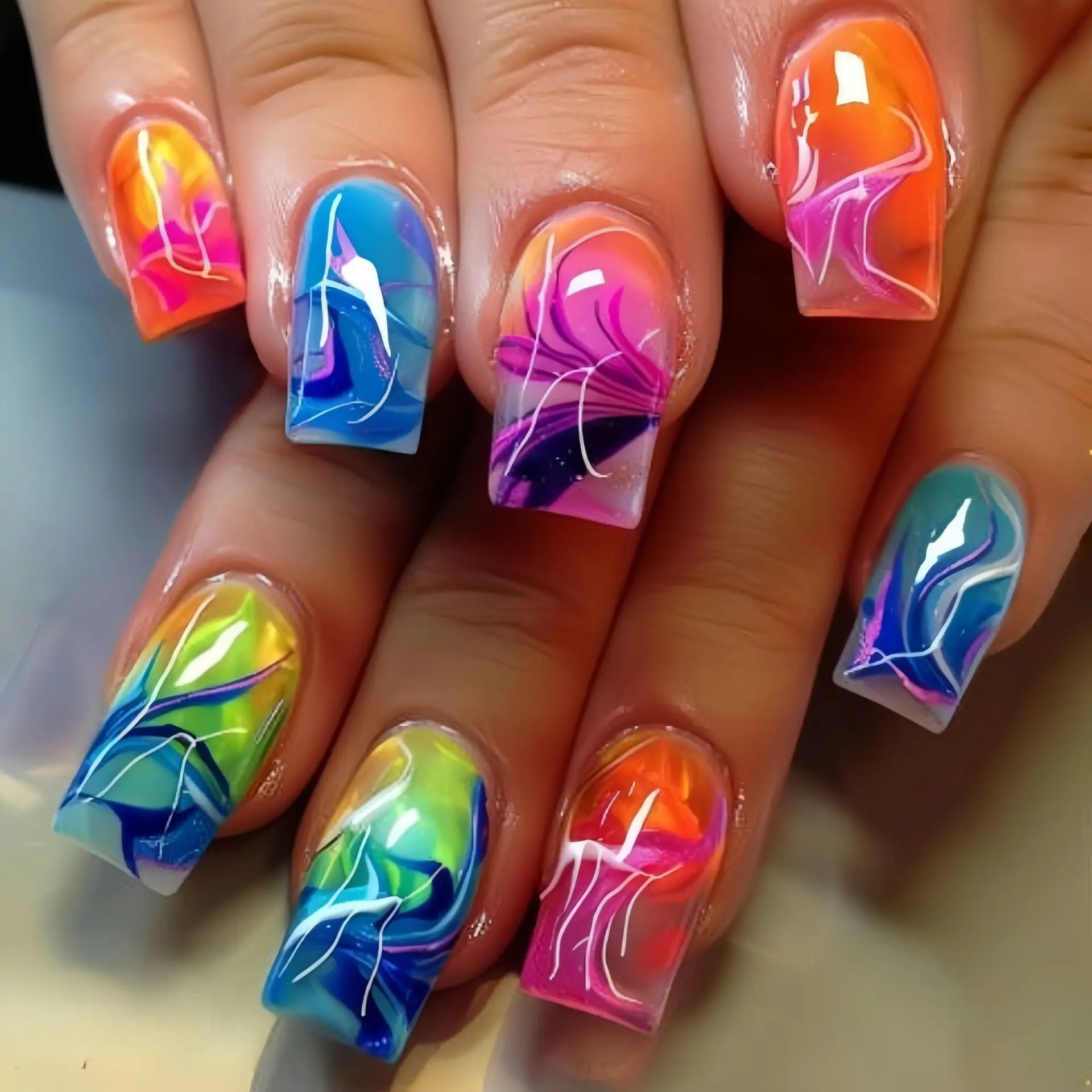 24pcs/set Medium long fake nails for women girls Y2K gradient purple blue yellow green square almond tips press on false nails