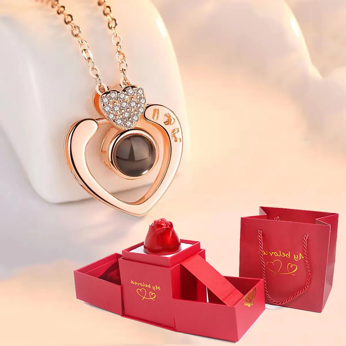 Love Projection Necklace With Exquisite Rose Gift Box100 Languages I Love You Pendant New In Romantic Jewelry gold 45cm