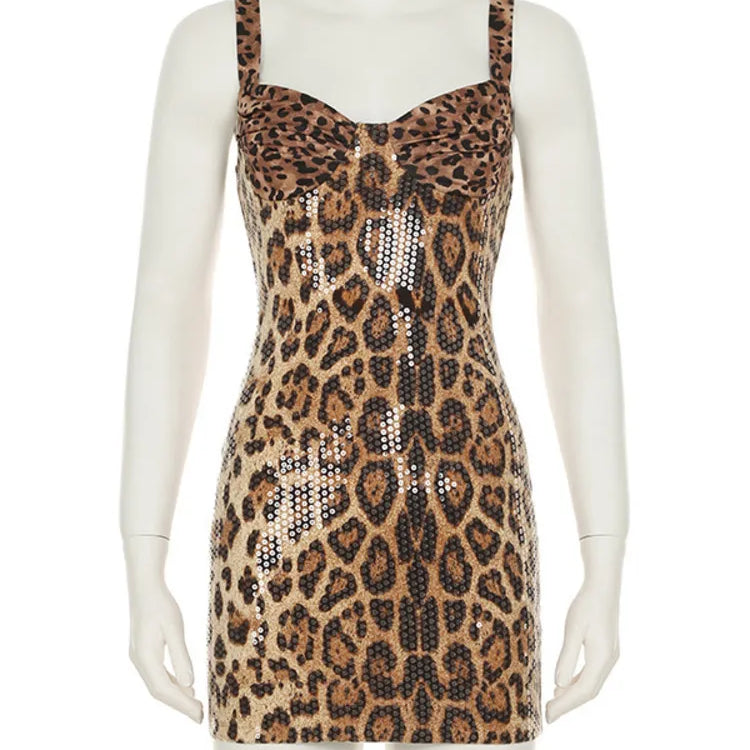 Sequins Leopard Print Sexy Mini Dress For Women Summer Spaghetti Strap Sleeveless Backless Club Party Dress