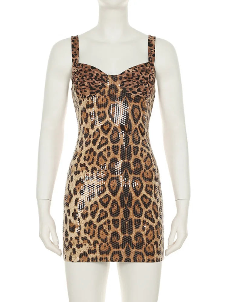 Sequins Leopard Print Sexy Mini Dress For Women Summer Spaghetti Strap Sleeveless Backless Club Party Dress