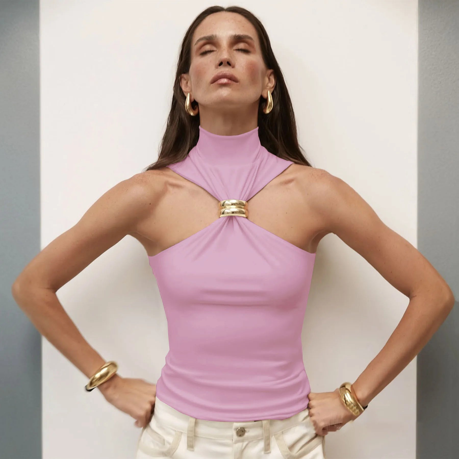 Regatas femininas de malha básica com gola alta, pulôveres, camisola com argola de metal, sem mangas, justas, de malha, top curto Y2K