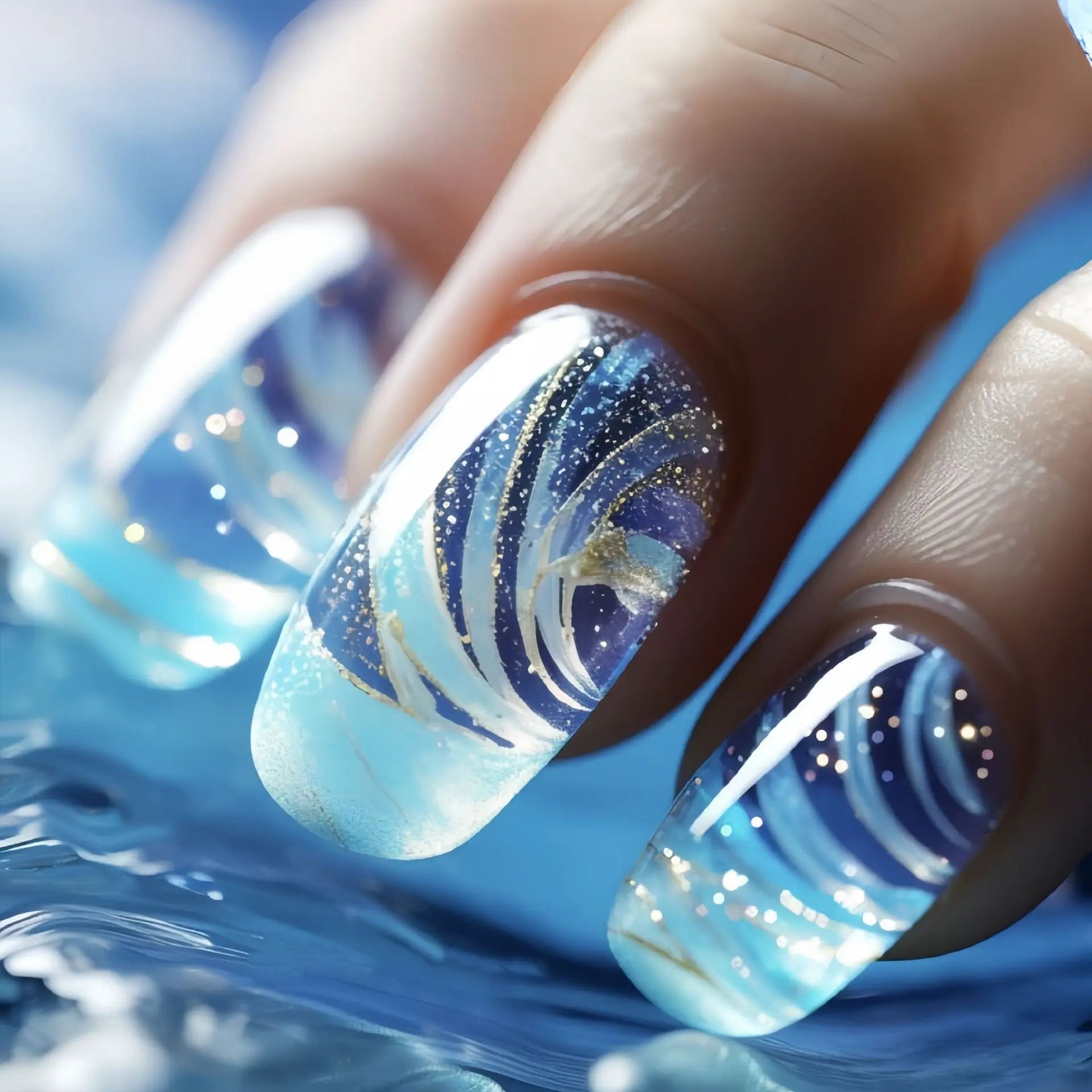 24pcs/set Medium long fake nails Gradient blue ocean fish sun flowers butterfly square ballet summer tips press on false nail