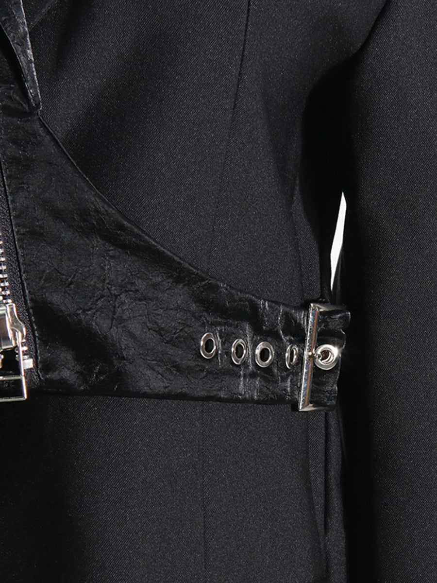 TWOTWINSTYLE Solid Spliced Zipper Irregular Jackets for Women Lapel Long Sleeves Patchwork Pockets Fshion Jacket Female Clothing