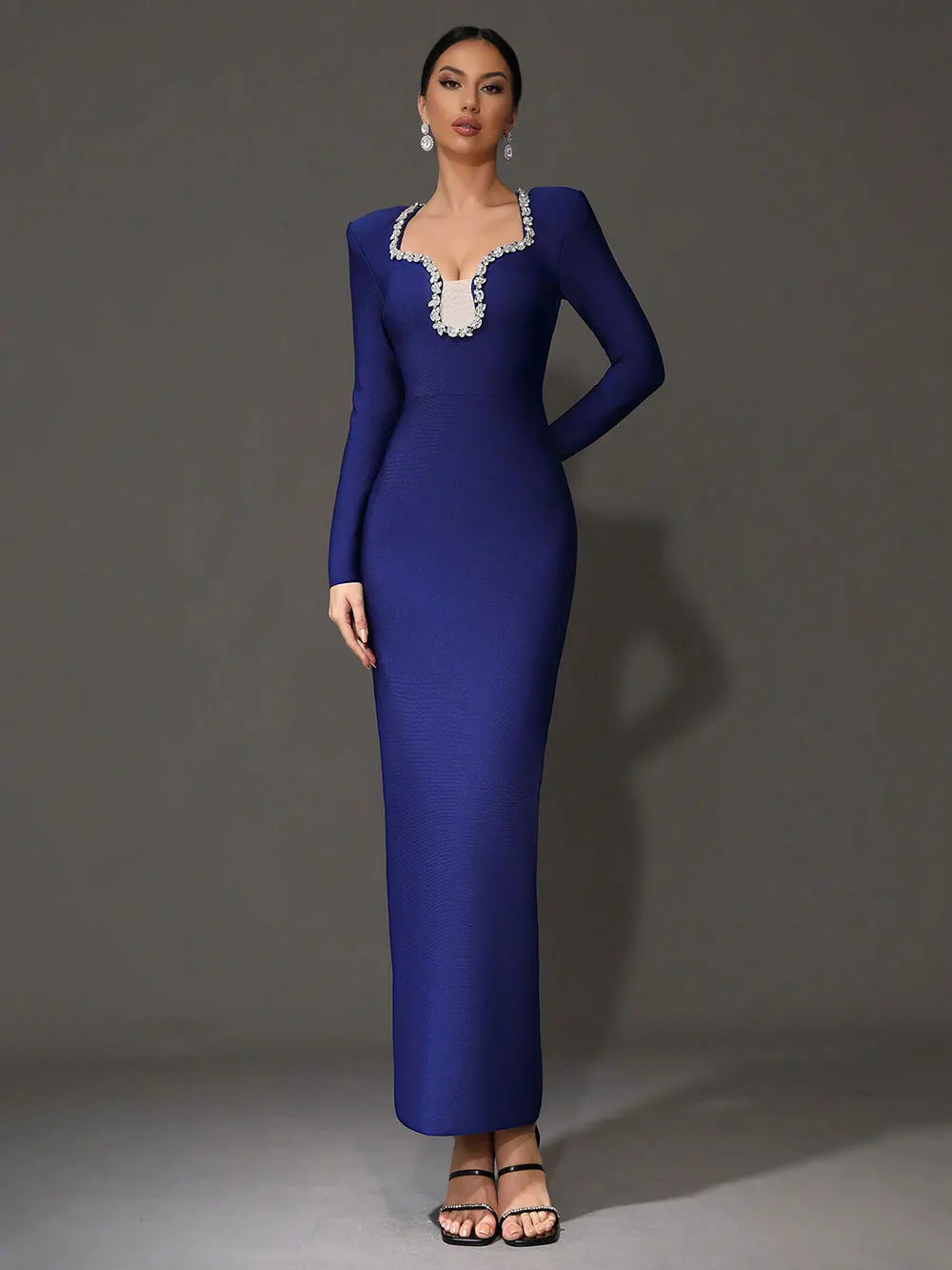 2025 Elegant Women's Light Luxury Nail Diamond Design Bandage Dress U Neck Long Sleeve Bodycon Long Dress Evening Party Vestidos