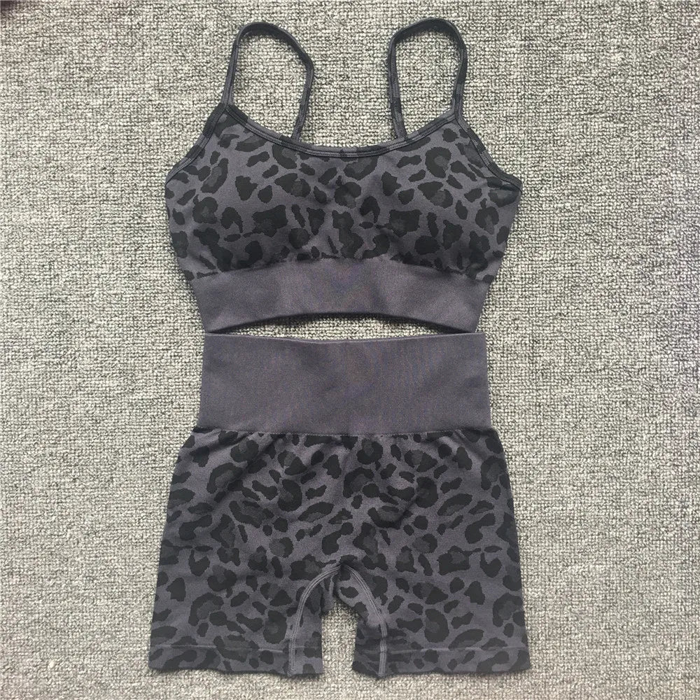 Women Fashion Sexy Leopard Printed 2 PCS Yoga Set Gym Shockproof Sports Bras Sport Leggings Running Work Out Training Suit black bra st set
