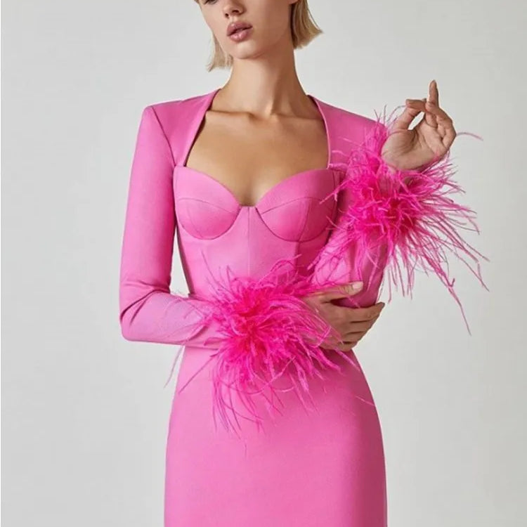 2022 New Winter Women Long Sleeve Square Collar Bodycon Mini Dress Feathers Rayon Bandage Fashion Elegant Evening Party Dress