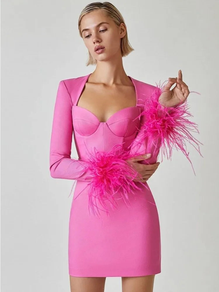 Winter Women Long Sleeve Square Collar Bodycon Mini Dress Feathers Rayon Bandage Fashion Elegant Evening Party Dress