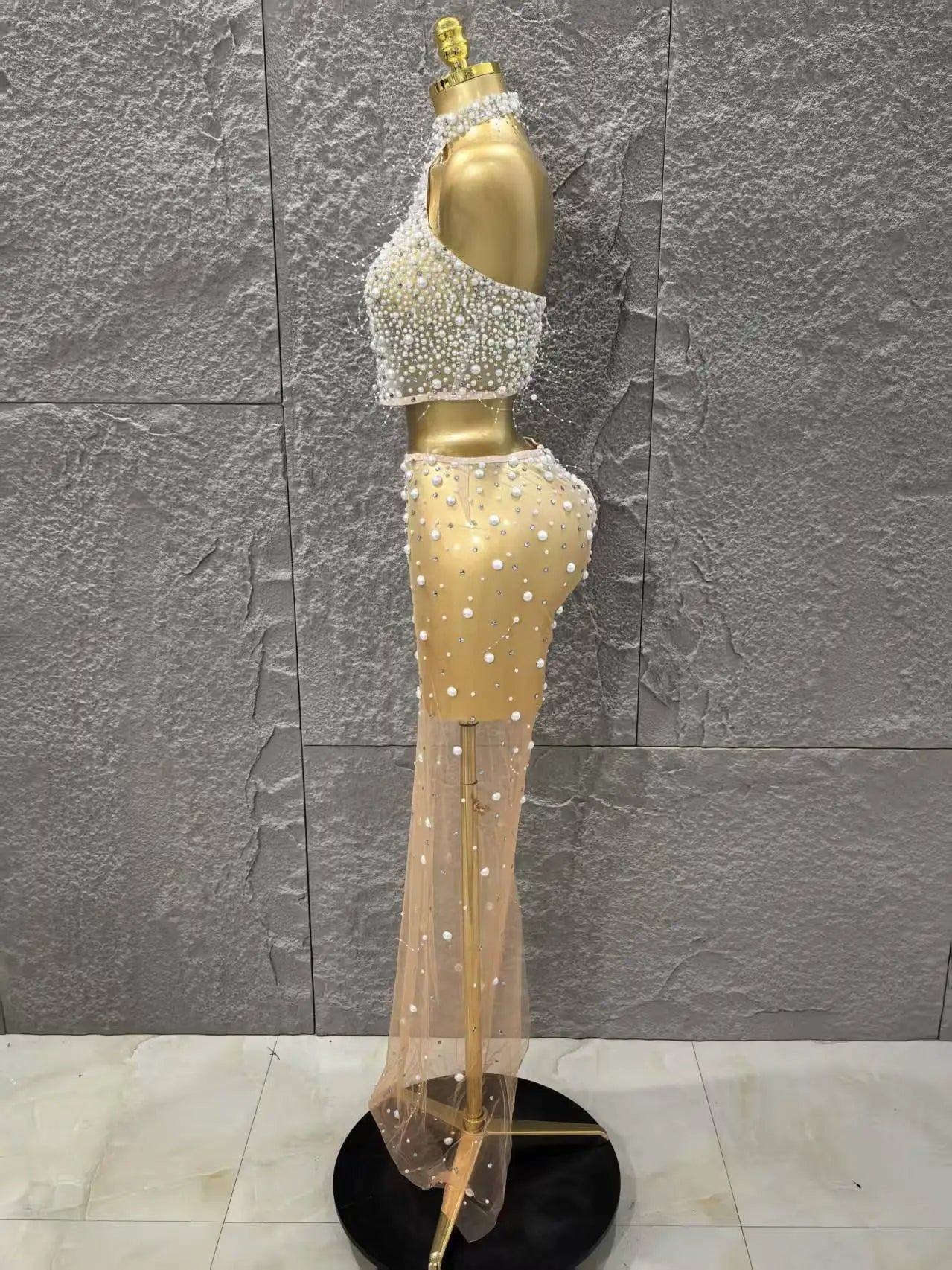 STOCK Fashion Women Sleeveless Sexy Beading Mesh See Through 2 Pieces Bodycon Dress Celebrate Nightclub Party Outfit Vestido