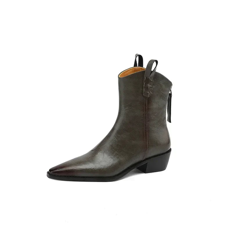 Autumn/winter Women Boots Genuine Leather Western Boots Women Shoes Pointed Toe Chunky Heel Chelsea Boots Retro Ankle Boots GREY-without fleece