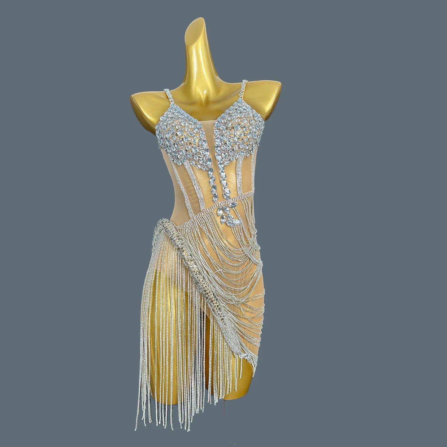 Women Shiny Red Crystal Chain Diamonds Dress Elastic Sexy Mini Night Club Performance Costume Birthday Party Dress Tassel Liehu Nude