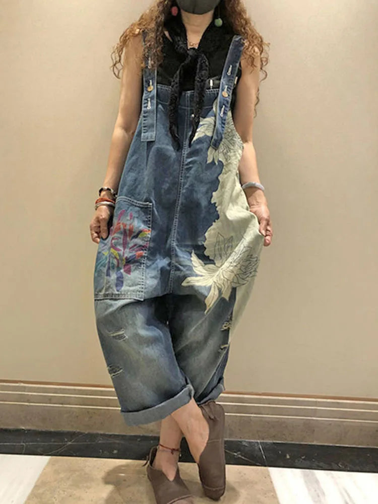 Korean Females Fashion Overalls Ladies Spring Printed Denim Harem Pants Vintage Casual Jeans Womens Loose Vintage Trousers