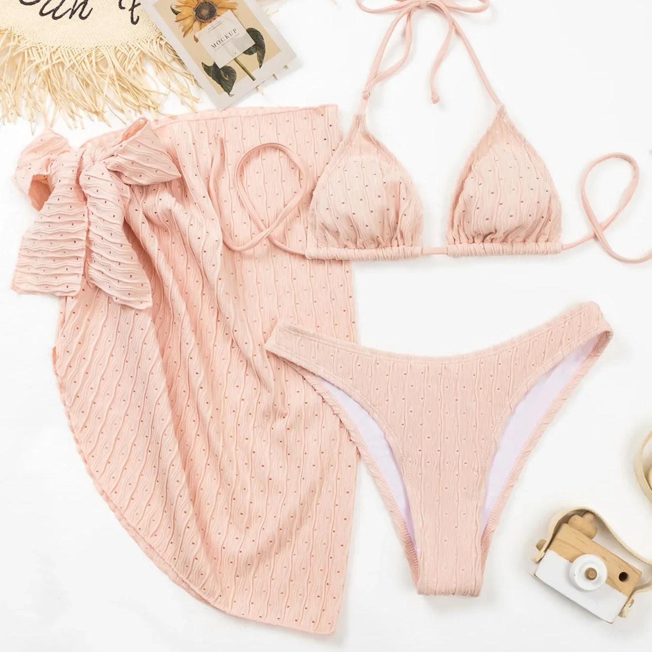 2023 New 3 Pieces Set Swimsuit Women Thong Swimwear Sexy Micro Bikini Set With Sarong Skirt White Beachwear Bathing Suit Pink light pink