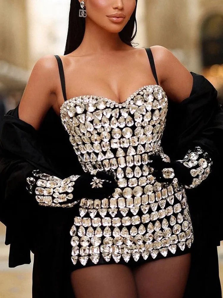 TWOTWINSTYLE Detachable Gloves Dress Square Collar Sleeveless High Waist Slimming Patchwork Diamond Mini Dress Female Fashion