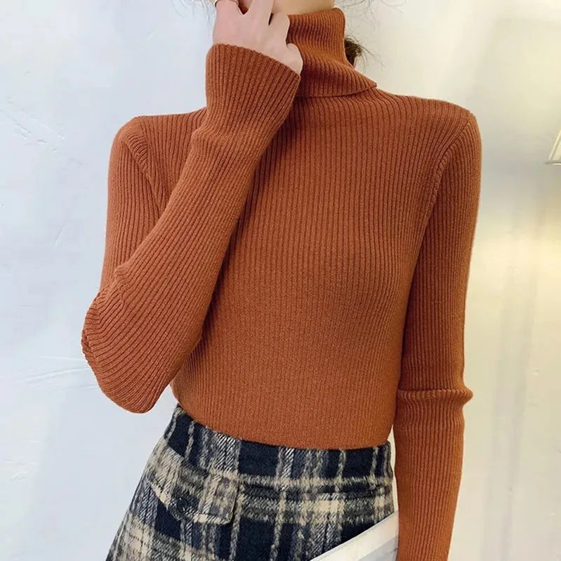Winter Turtleneck Women's Sweater Knitted Pullover Soft Slim Long Sleeve Top Solid Color Basic High Neck Jumper Woman Clothing Caramel-High neck One Size(40-65kg)