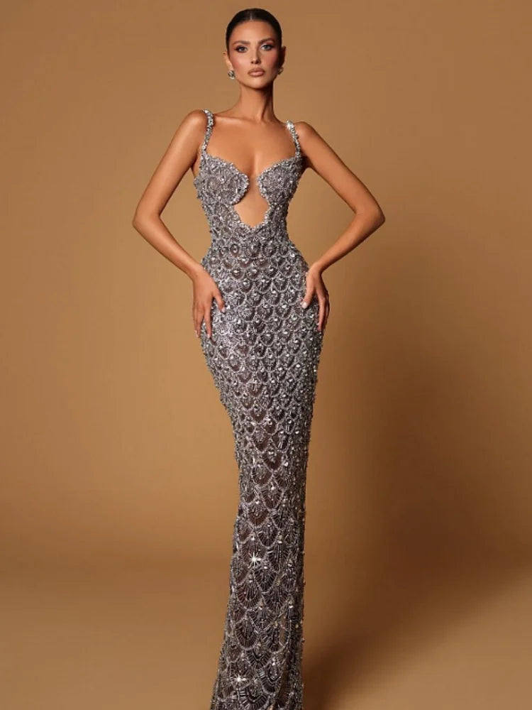 Sparkling  Sliver Sequins Sexy V-Neck Spaghetti Strapless Floor Length Dress Graceful Evening Dress Celebrity Party Outfit