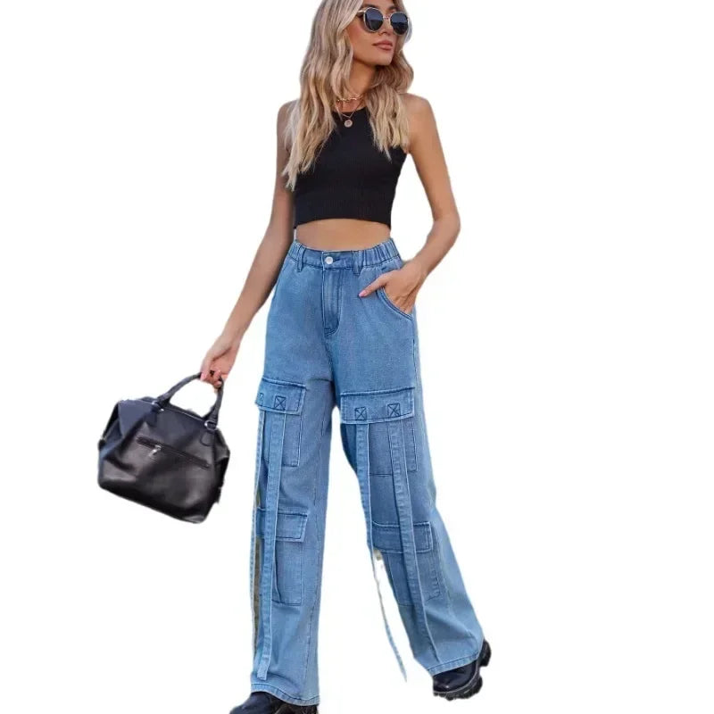 Heavy Work Ribbon Design Denim Work casual pants Women's New Wash Vintage Personalized