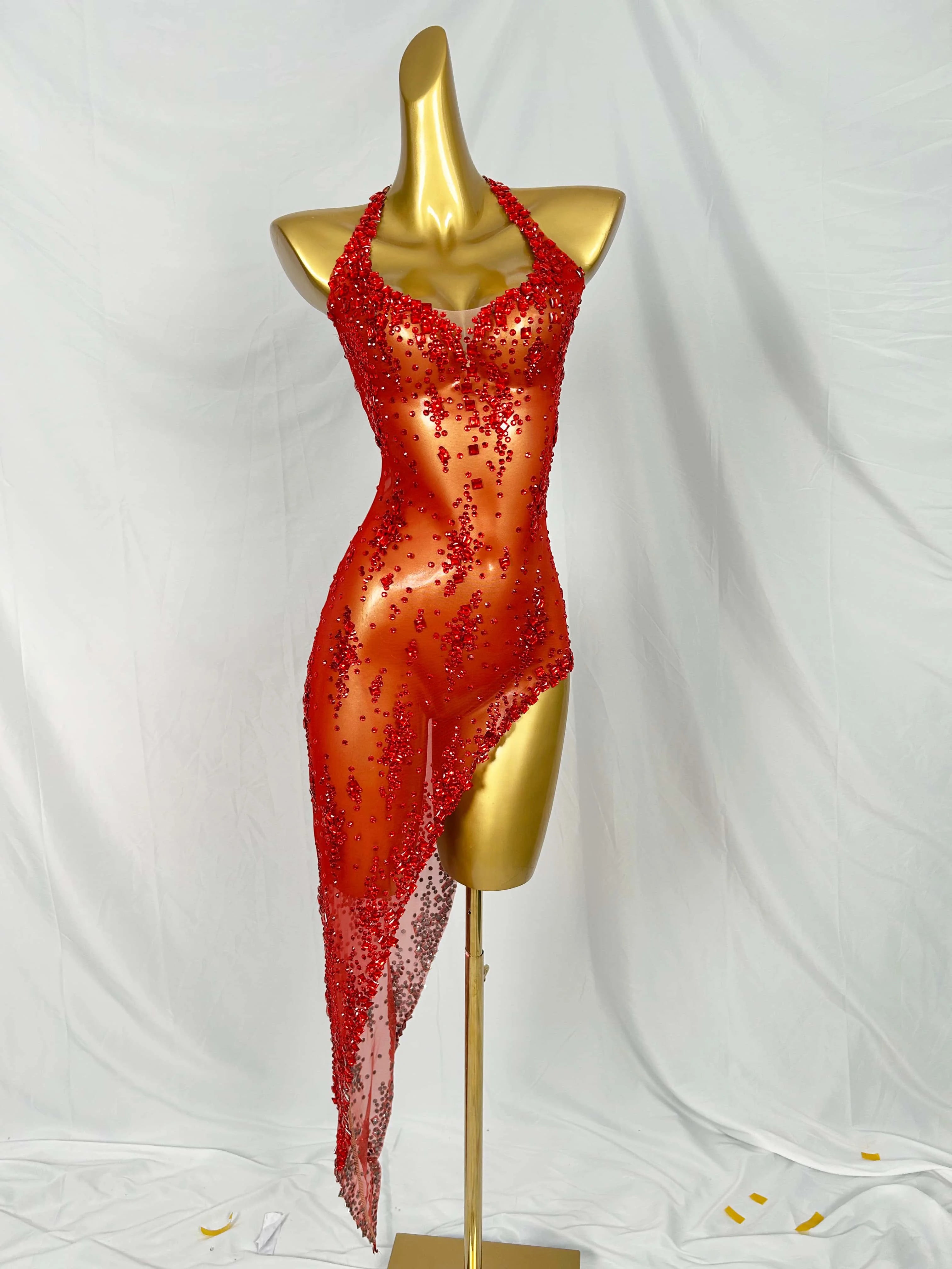 Nightclub Mini Dress Singer Stage Performance Wear Bar Party Asymmetrical Dress Sparkly Rhinestones Sleeveless Mesh Dress Xinghe