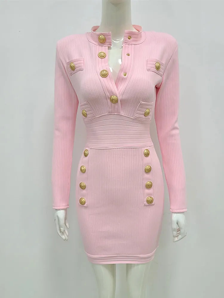 Winter Style Sexy Long Sleeve Key Hole Button Pink Mini Women Bodycon Bandage Dress Elegant Evening Club Party Dress