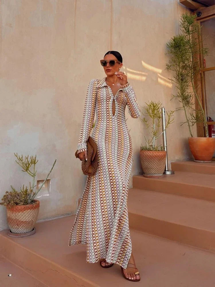 WeiYao Handmade Crochet Multi-color Hollow Out Split Maxi Dress for Women Deep V Long Sleeve Elegant Bohemian Sexy Bodycon Dress MULTI