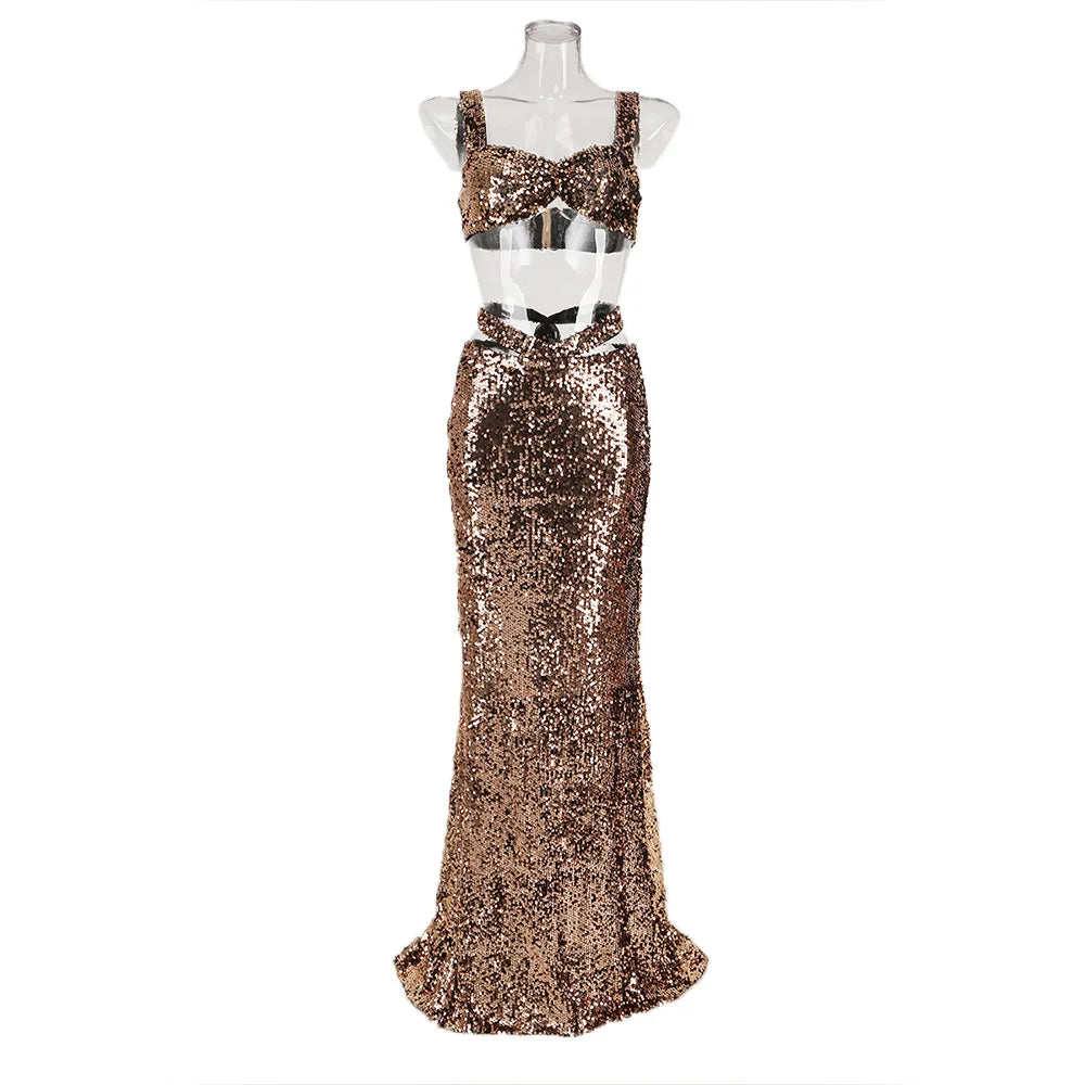 Skirts Sets Crop Top + Low Waist New Two Piece Set Birthday Outfit Luxury Suit Summer New Sequins Prom Elegant Gowns gold sequins