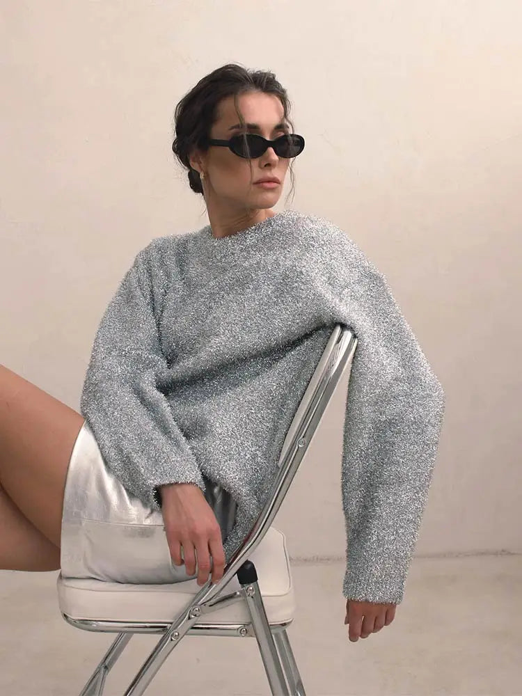 Women Chic Metallic Rib Trim Foil Hooded Sweater Casual Long Sleeve Drawstring Pullover Top Autumn Lady Elegant Sweatshirt