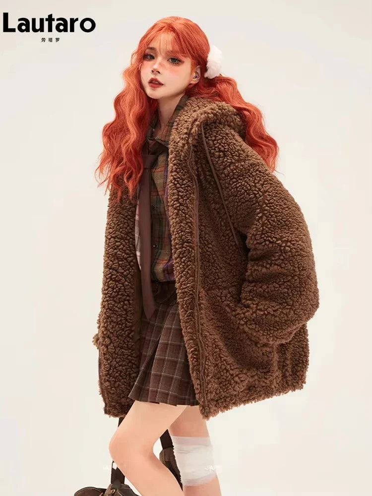 Lautaro-Kawaii Faux Fur Hoodie with Bear Ears for Women, Fluffy Sherpa Jacket, Oversized, Brown, Warm, Fuzzy, Sweet, Cute, Winte