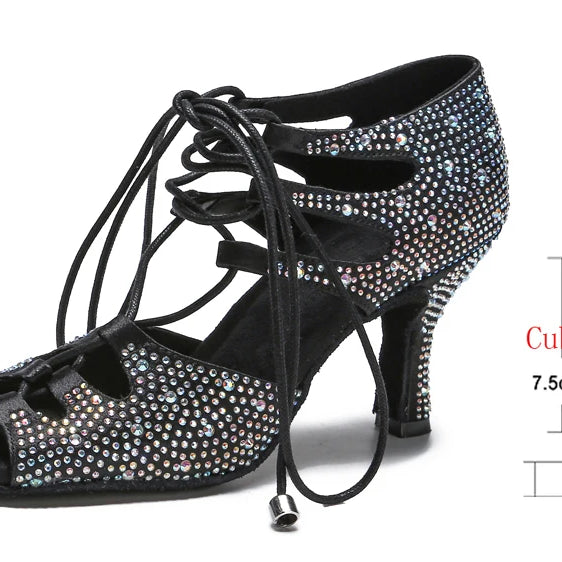 di seta donna scarpe da ballo latino fondo morbido sandali da donna Tango Party Dance Shoes scarpe da sposa con strass Black heel 7.5CM