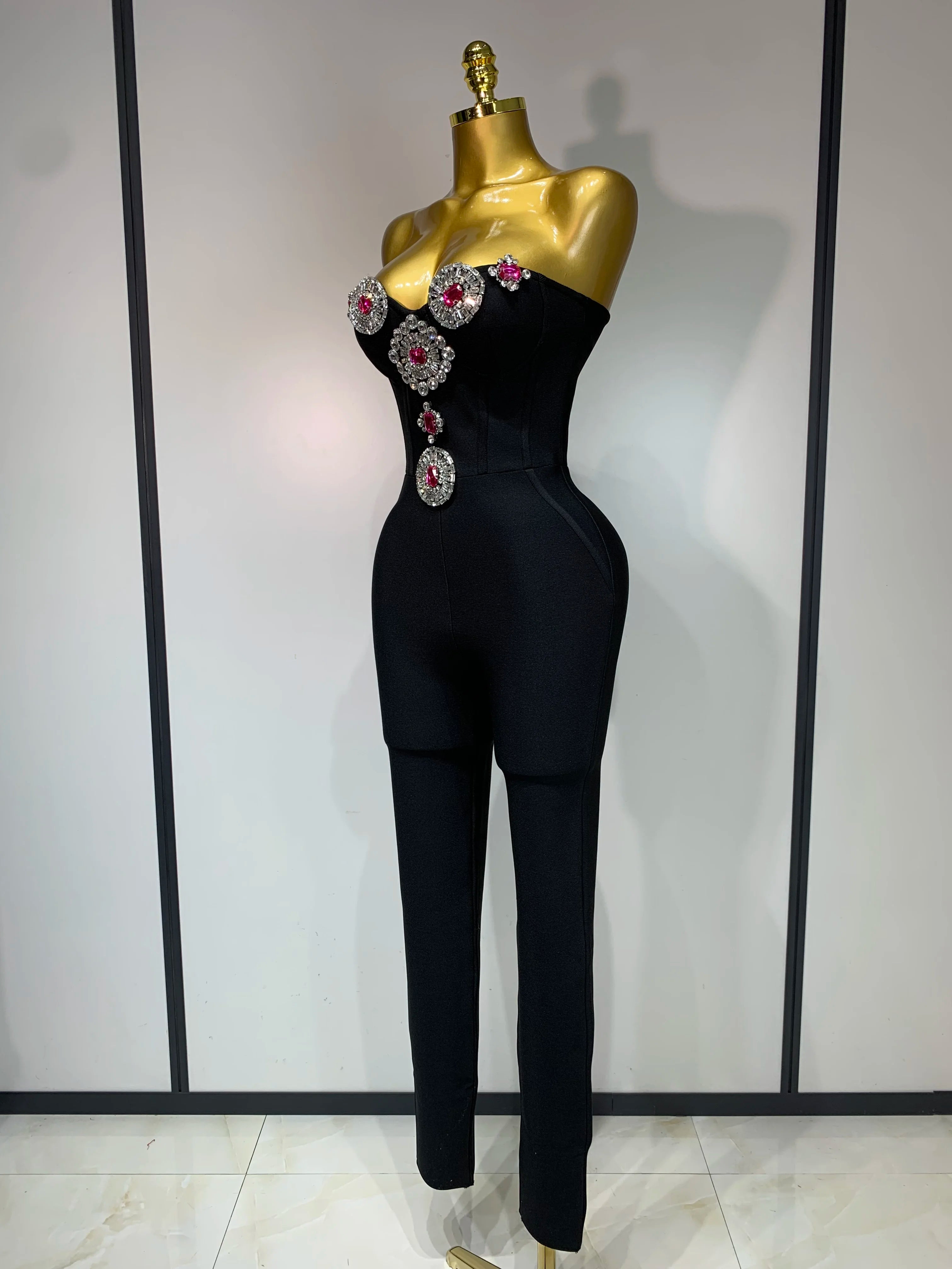 Moda Celebrar Brilhante Strass Mulheres Sexy Sem Alças Bodycon Bandagem Macacão Passarela Boate Festa Luxo Aniversário Traje