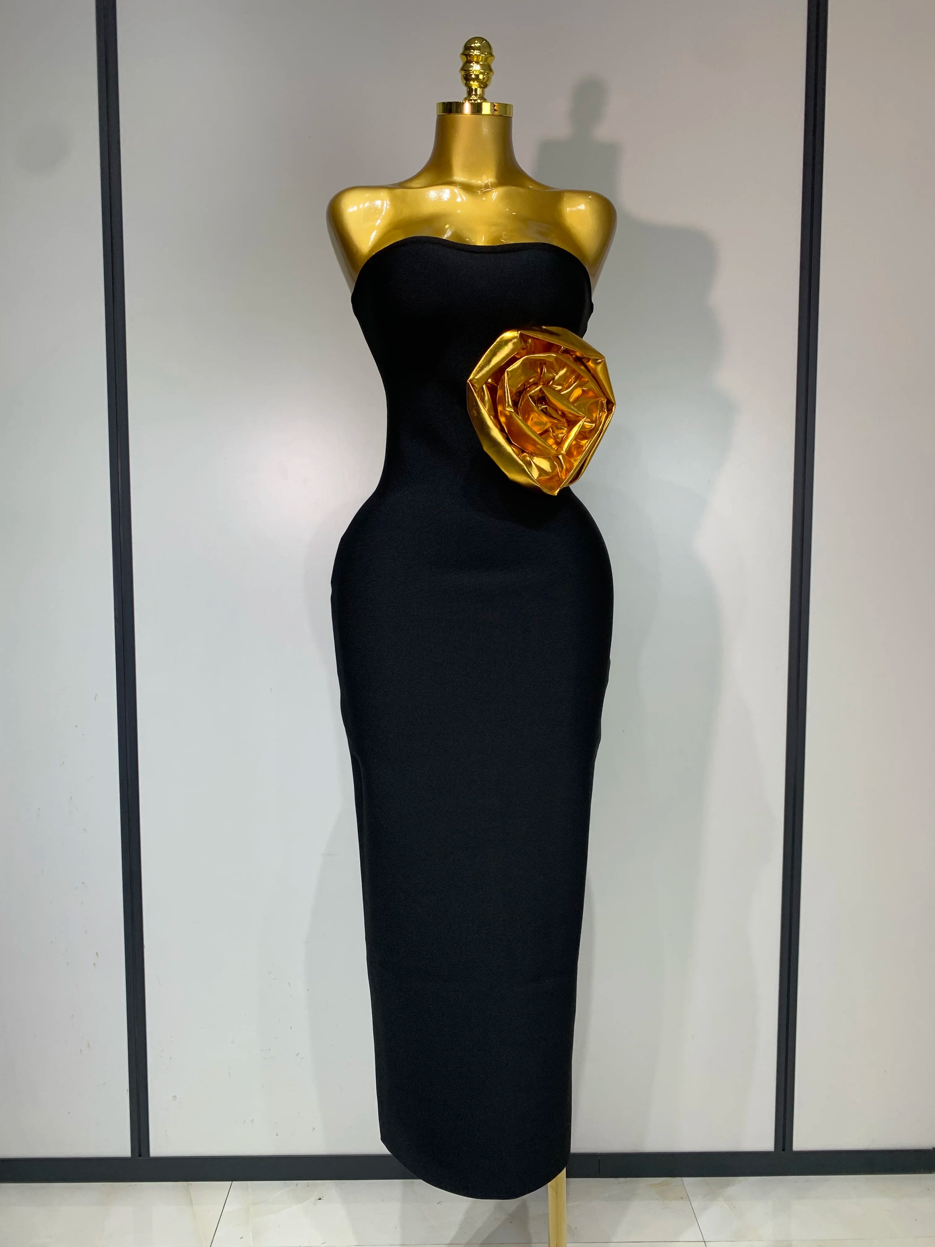 Women Luxury Bandage Bodycon Dress Designer Strapless Gold Appliques Ankle Length Elastic Celebrity Elegant Evening Party Gowns