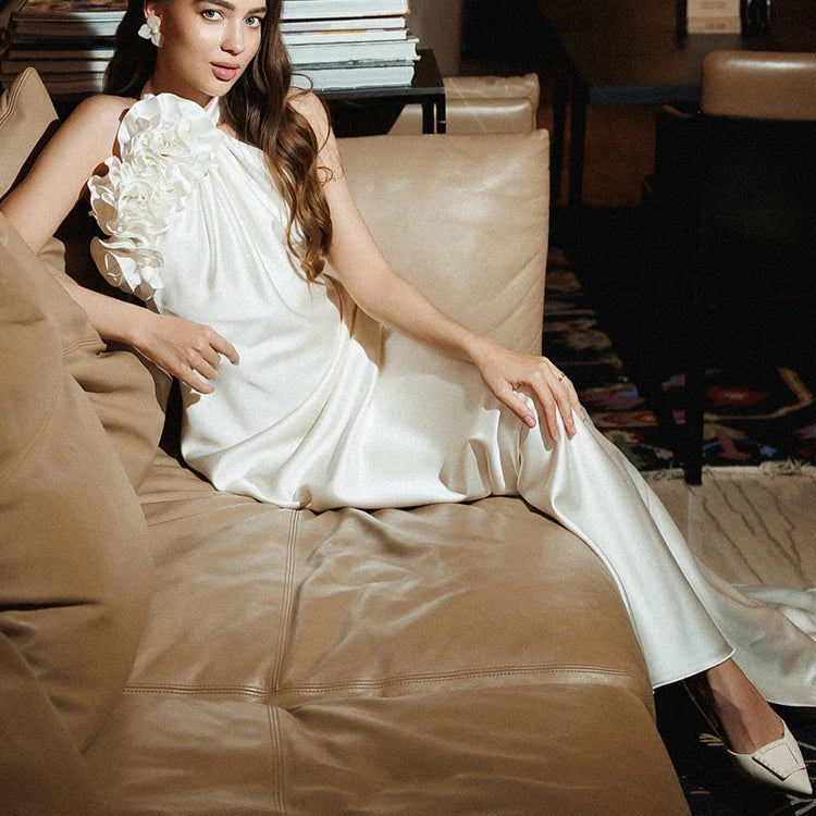 VC White Satin Halter Backless Long Dress For Women Sleeveless Flowers Embellished Slim Prom Elegant Evening Party Gowns