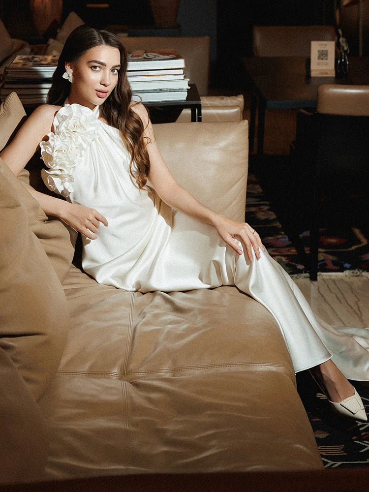 VC White Satin Halter Backless Long Dress For Women Sleeveless Flowers Embellished Slim Prom Elegant Evening Party Gowns