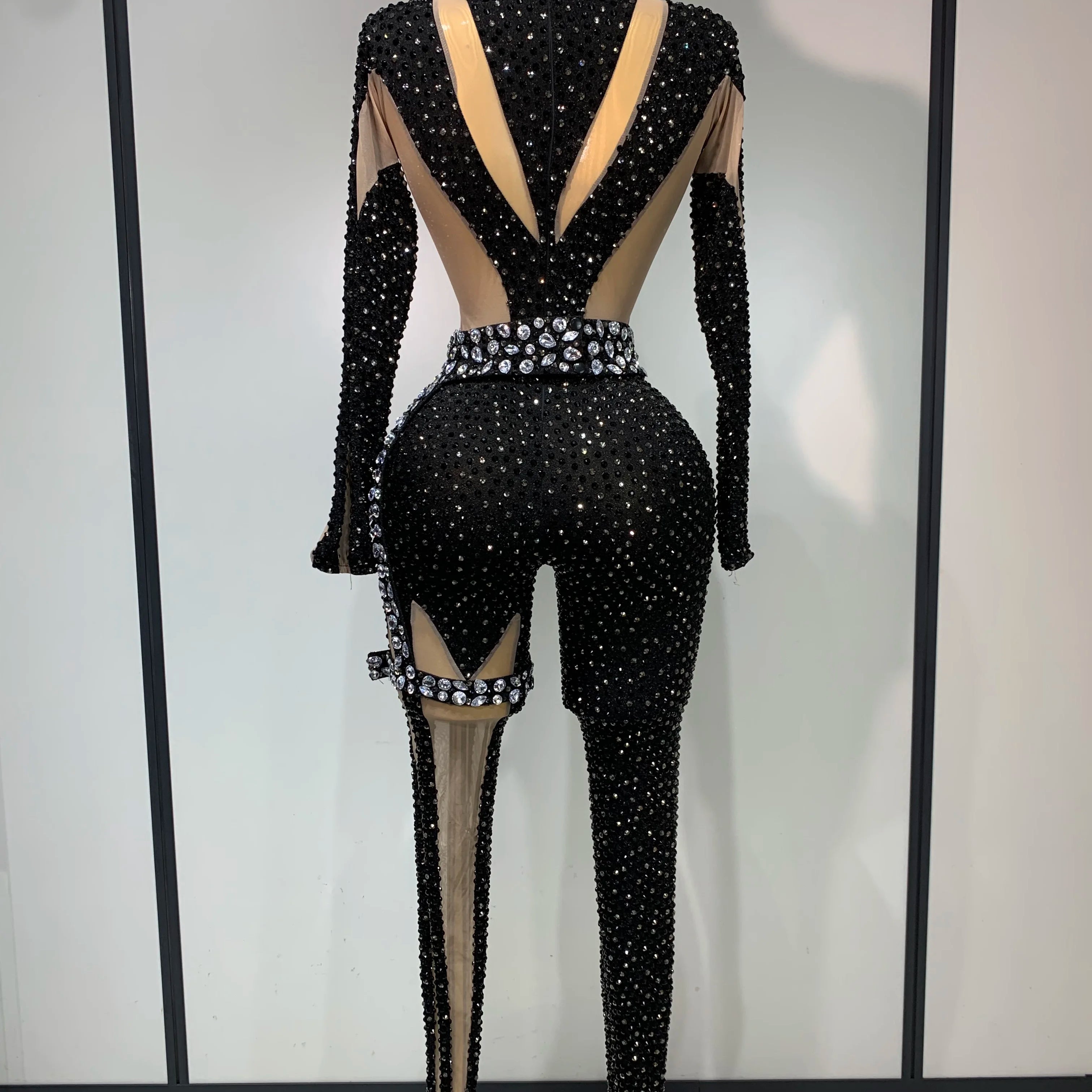 Sexy Sparkly Diamond Black Long Sleeves Bodycon Mesh Jumpsuit Evening Party Nightclub Bar Singer Performance Stage Costume