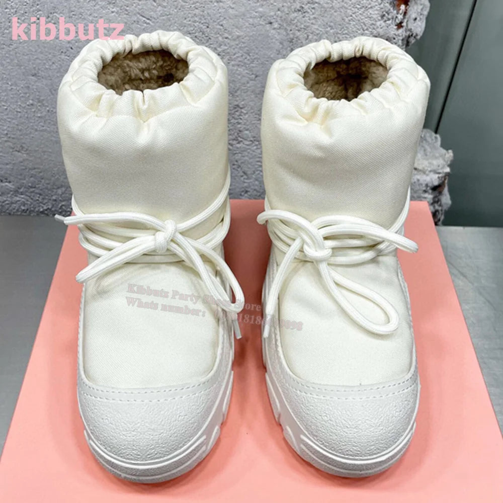 Thick Bottom Snow Ankle Boots Round Toe Height Increasing Lace-Up Fur Mixed Color Winter Warm Fashion Cute Style Women Shoes New