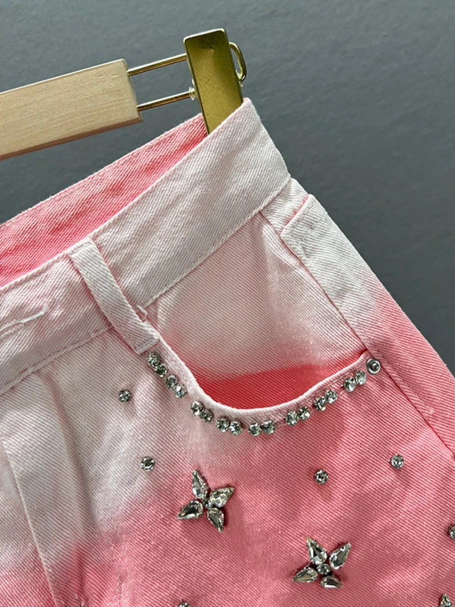 Sweet Gradient Color Exquisite Rhinestone Denim Shorts Women Summer High Waist Slimming Wide Leg Shorts Jeans Hot Pants