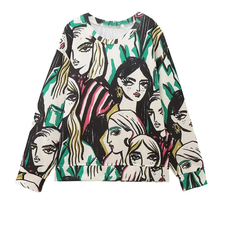 Women Fashion Girl Print Sweatshirt Vintage O Neck Long Sleeve Female Pullovers Chic Tops