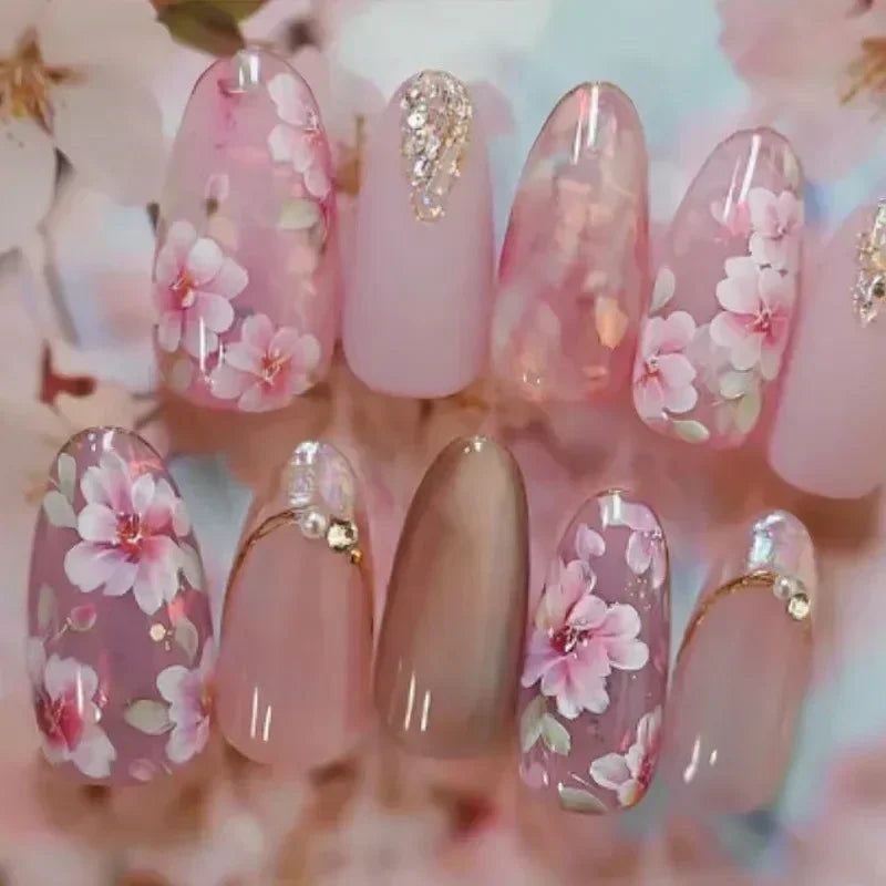 24pcs Short Almond Press on Nails 3D Flower Butterfly Fake Nails with Glue Colorful Natural Acrylic False Nails Full Cover Nails