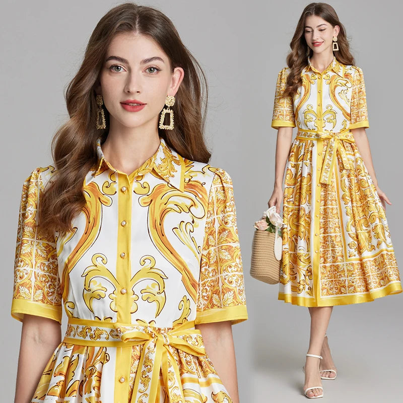 Summer Holiday Yellow Paisley Print Shirt Dresses Women's Turn Down Neck Short Sleeve Belt High Waist Beach Party Vestidos
