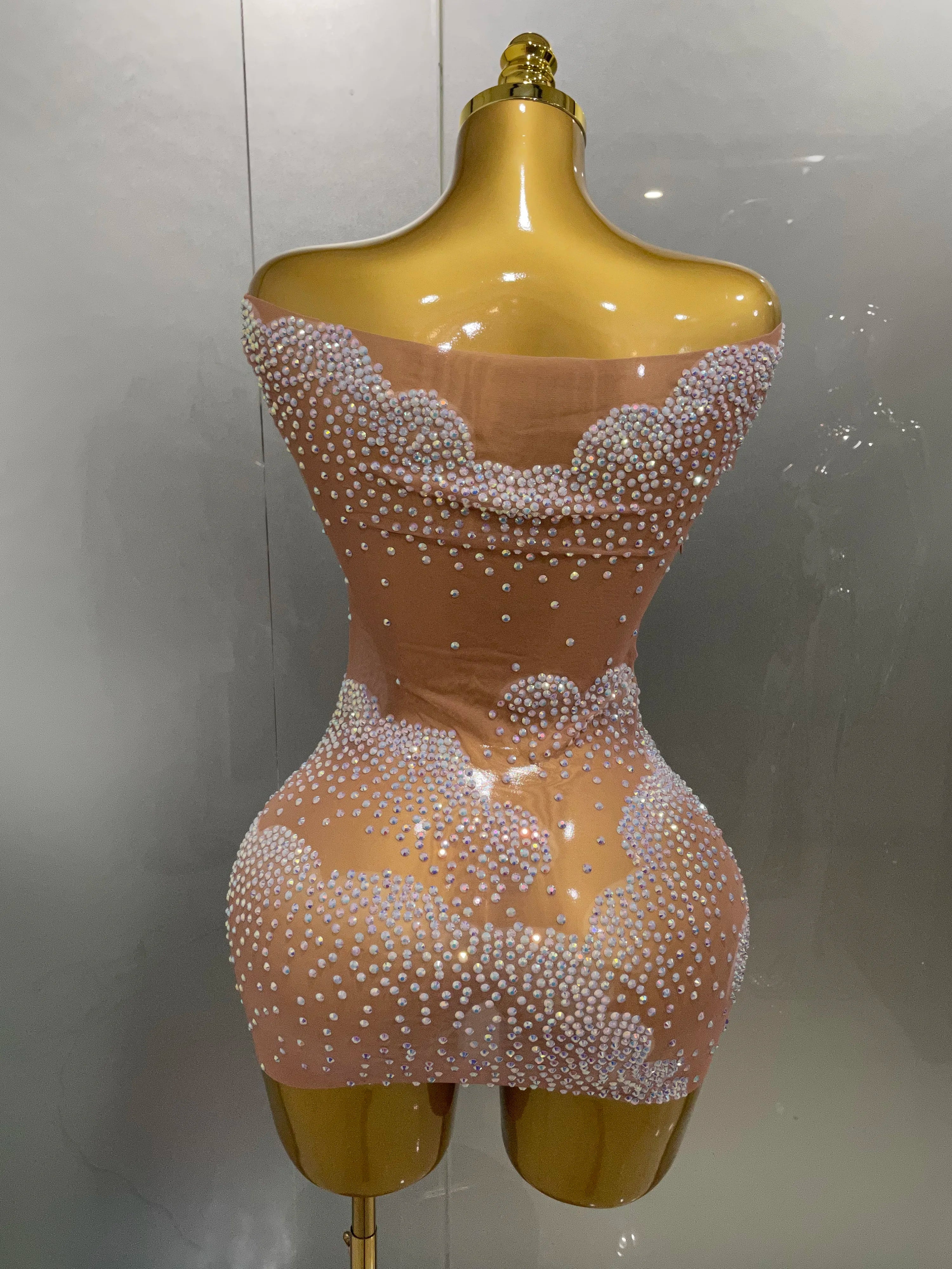 Sexy Sparkle Rhinestone Transparent Stretch Mini Dress 2025 New Women Evening Birthday Party Club Stage Performance Costume