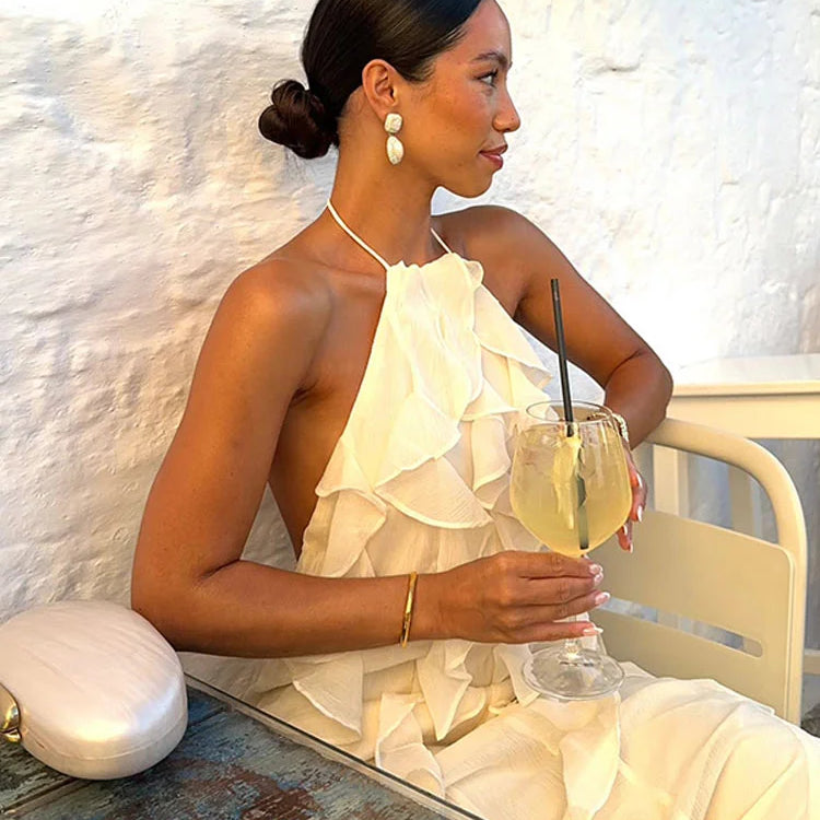 Sexy Ruffles Backless Long Dress Women Y2K Off Shoulder Lace Up Sleeveless White Dresses 2025 Summer Beach Party Loose Robes