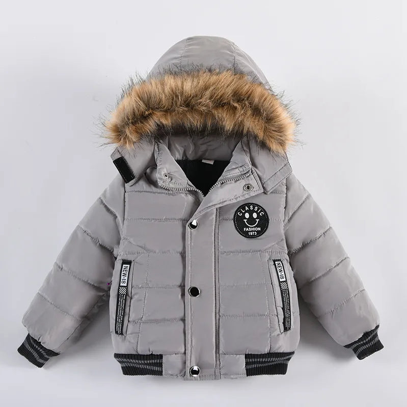 Winter Boys Jacket Warm Fur Collar Parkas Fashion Baby Girls Thicen Coats Hooded Zipper Casual All-match Outerwear Kids Clothes gray