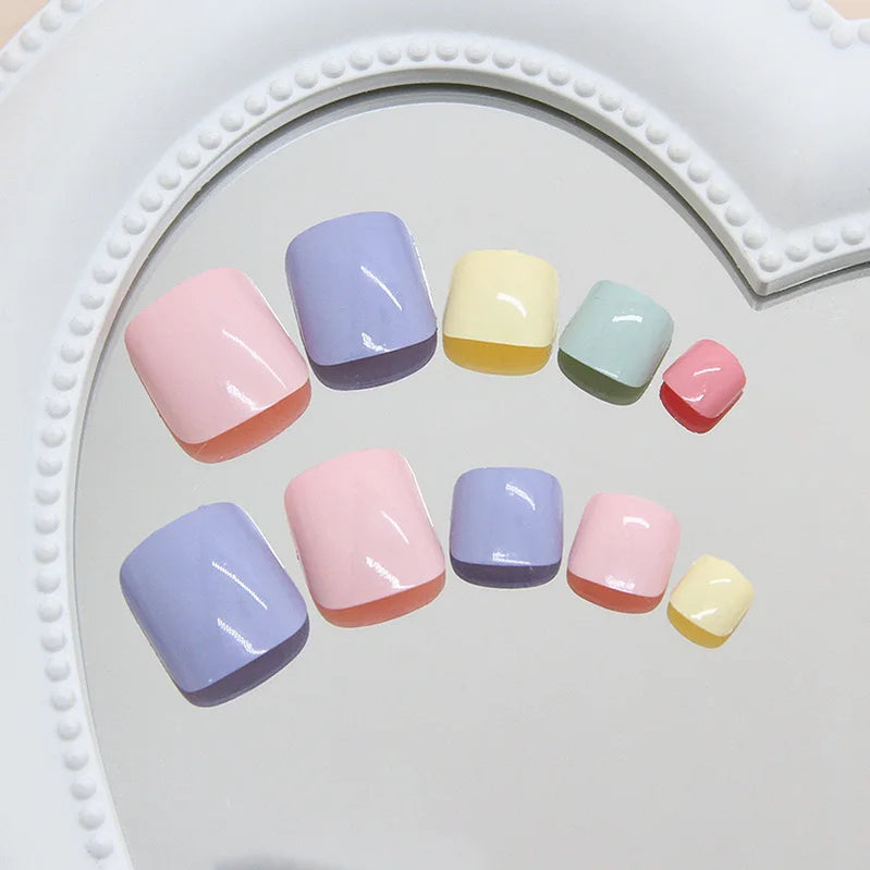 24pcs Summer Color False Toenails Purple Pink Sweet Korean Fake Toe Nails Wearable Detachable Square Head Press on Toenails