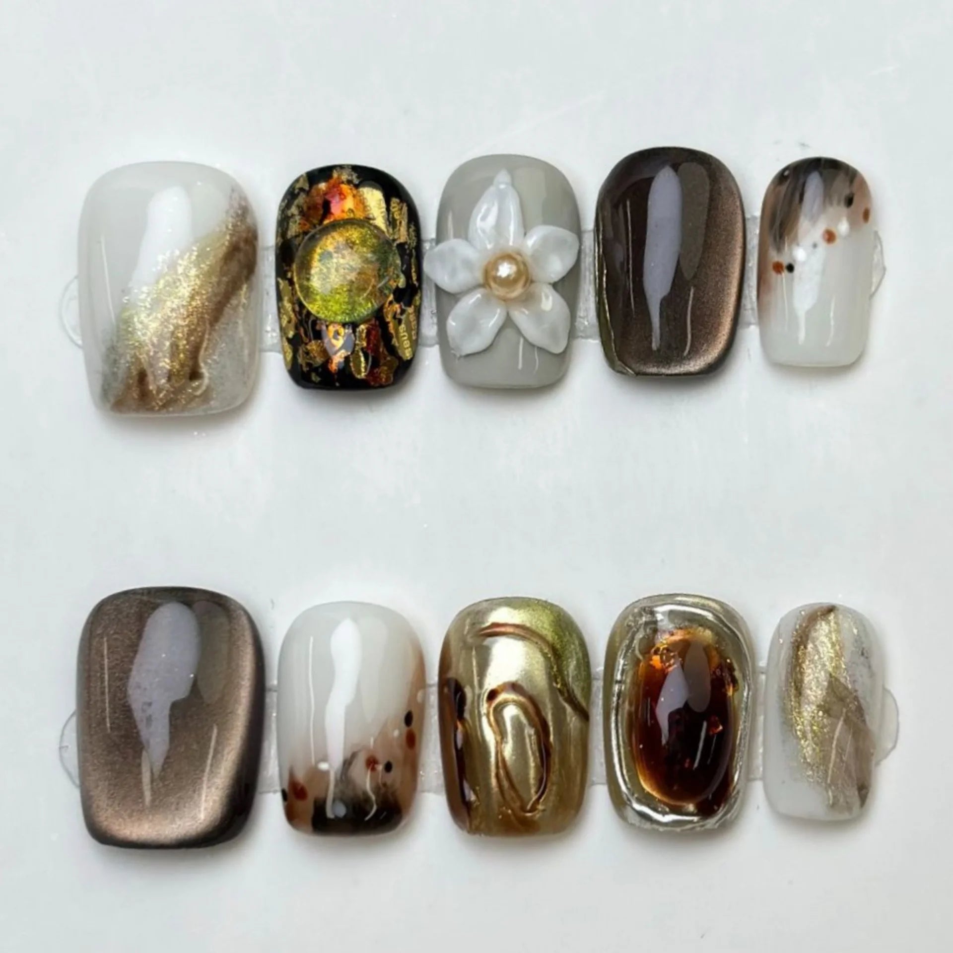 10pcs Short Square Round Handmade False Nails Art Aurora Dopamine Full Cover Nail Tip Reusable Flower Design Press on Fake Nails