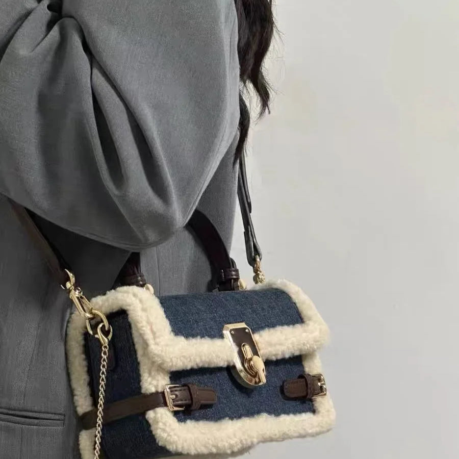 Luxury Women Brand Cashmere and Denim Patchwork Crossbody Bag Retro Flap Messenger Bag
