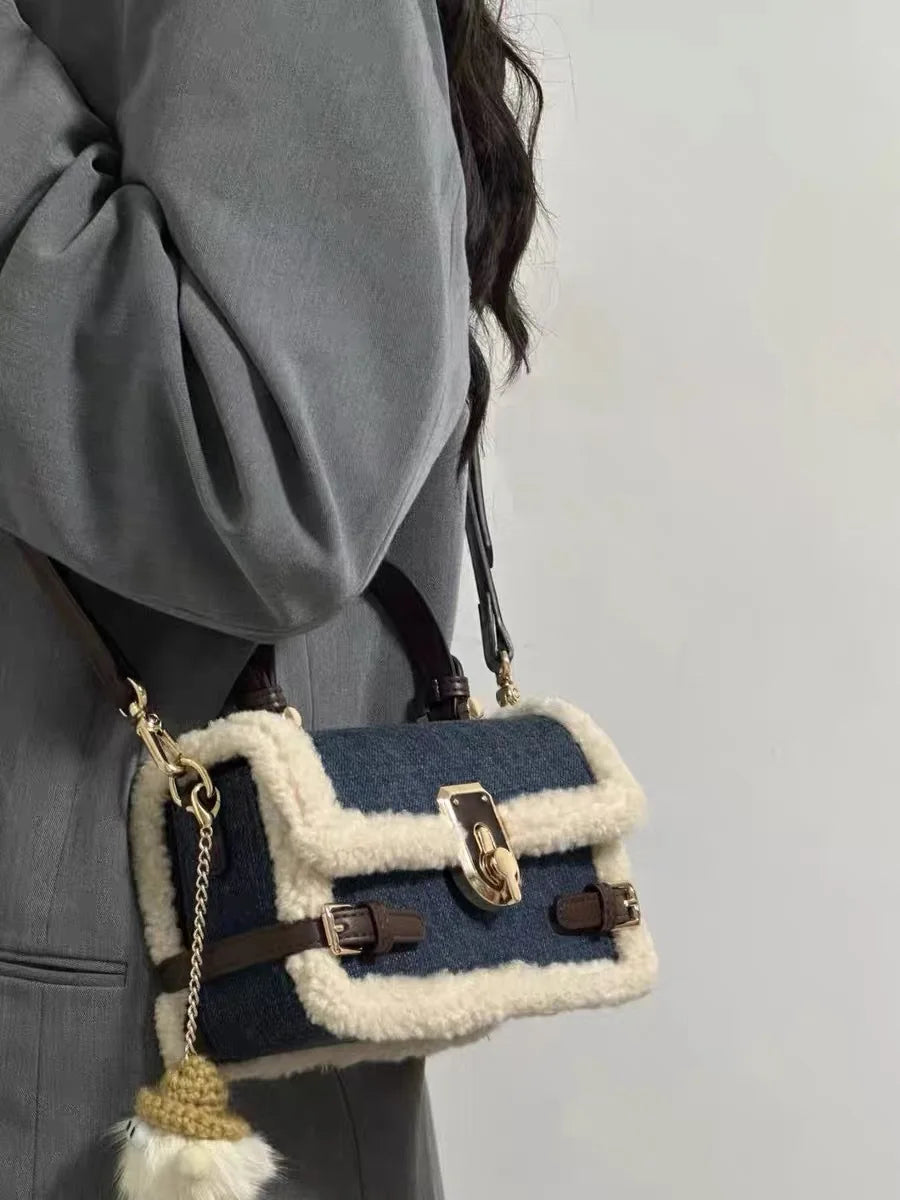 Luxury Women Brand Cashmere and Denim Patchwork Crossbody Bag Retro Flap Messenger Bag