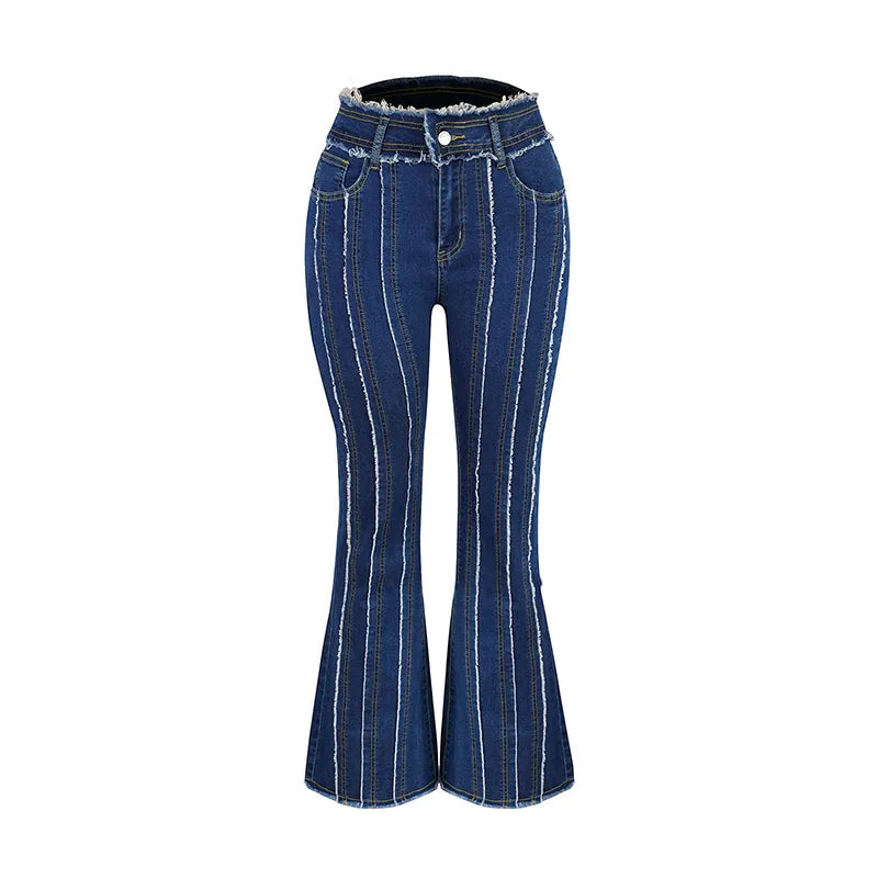 Stretch Jeans Women's Vintage Fashion High Waist Flare Jeans Women Slim Spliced Bell Bottom Streetwear Wash Denim Trousers Dark Blue