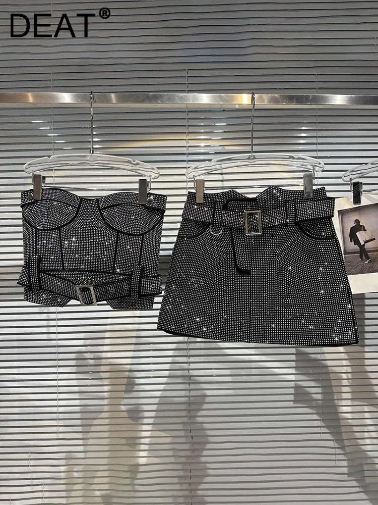 Summer Female Shiny Rhinestone Splice Sexy Strapless Women's High Waist Belt Designer Mini Short Skirts