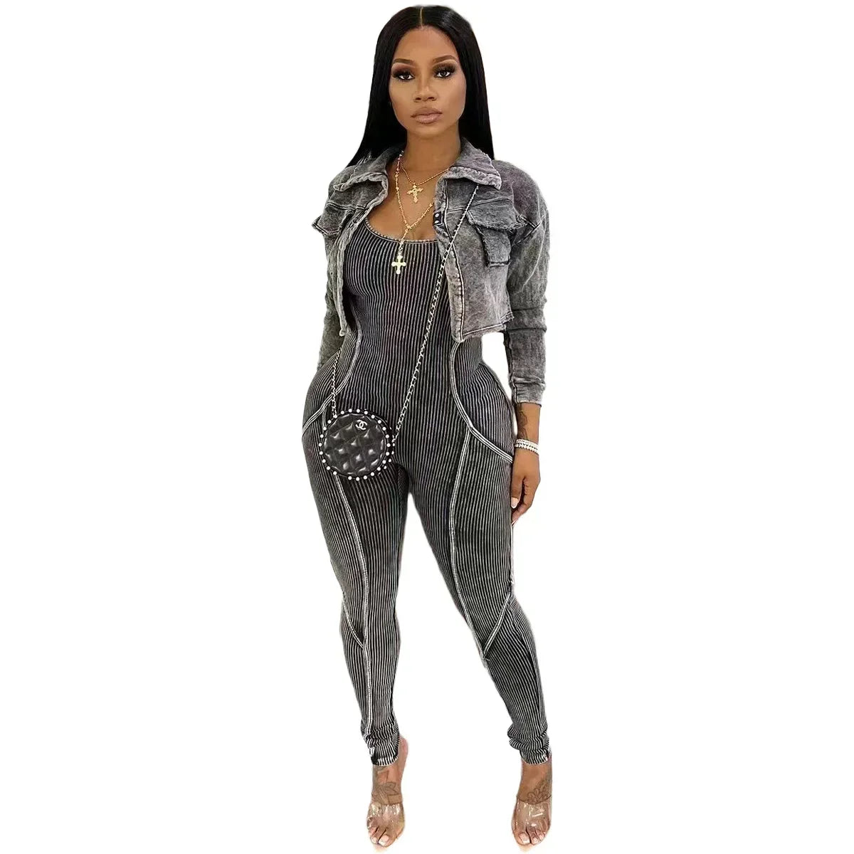 CM.YAYA Fashion Women's Set Washed Knitted Long Sleeve V-neck Coats+pencil Jumpsuits Active Two 2 Piece Set Outfits Tracksuit