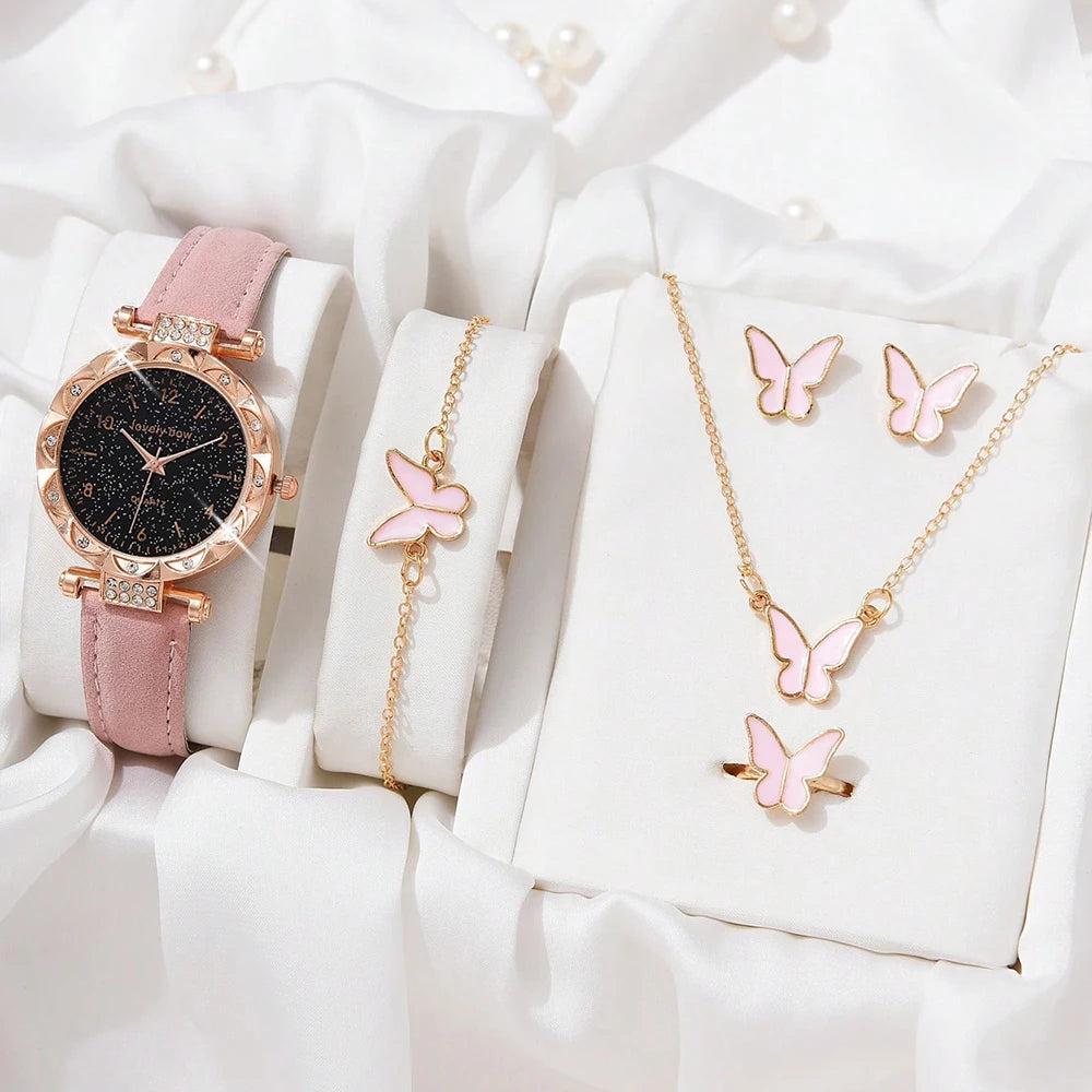 Watch Set For Women Luxury Leather Analog Ladies Quartz Wrist Watch Fashion Bracelet Watch Set Holiday Gifts Montre Pink B