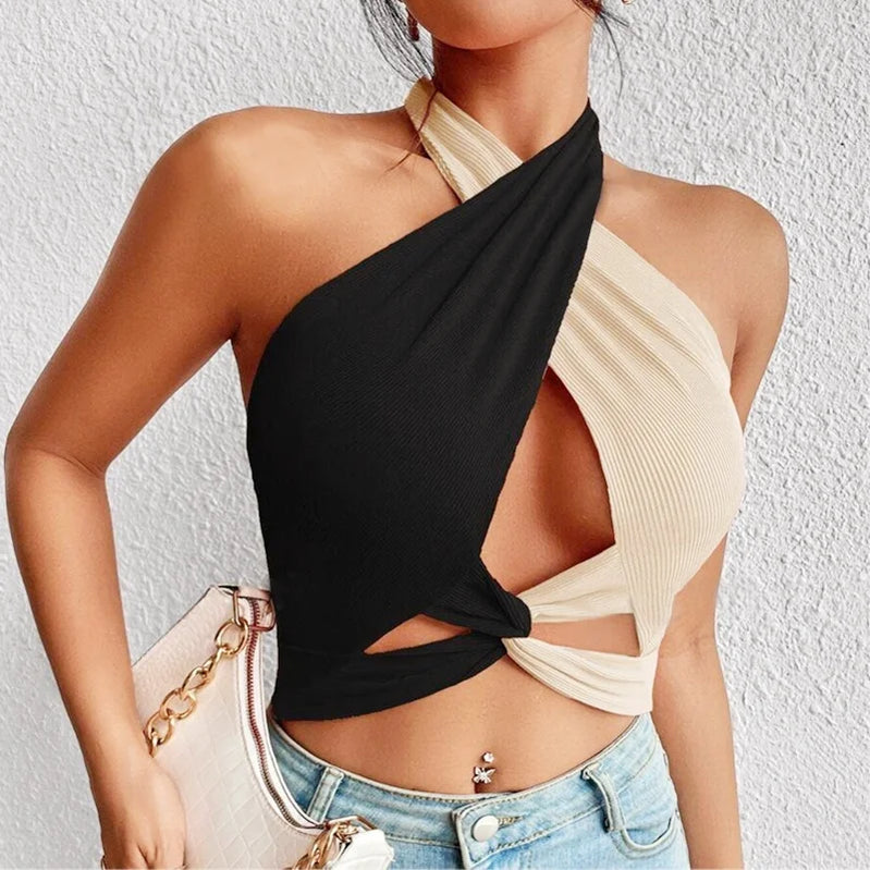 Women Summer Tank Tops Sexy Patchwork Cross Halter Neck Straps Hollow Crop Tops High Street Wear New Fashion