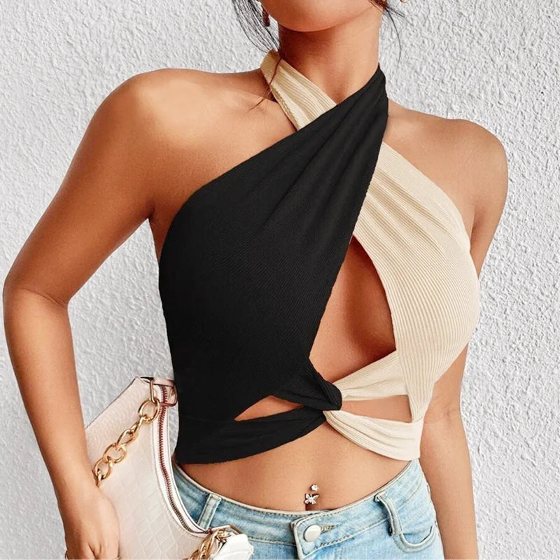 Women Summer Tank Tops Sexy Patchwork Cross Halter Neck Straps Hollow Crop Tops High Street Wear New Fashion